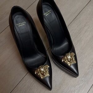 Versace Black and Gold Heels with Medusa Embellishment